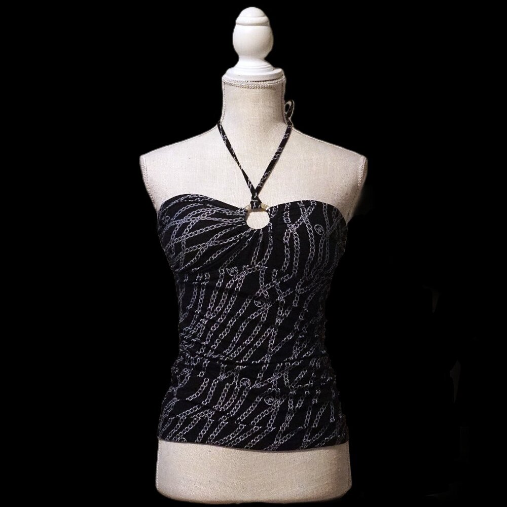 Michael Kors Black Gray Chain Print Convertible Tankini Top Only Women’s XS